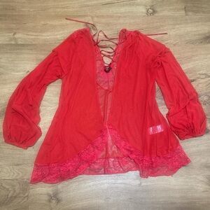 Red Lace-Up Sheer Top